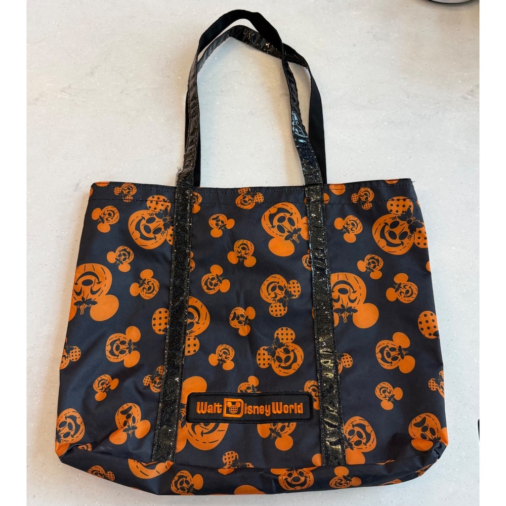 Walt Disney World Halloween Mickey Minnie Pumpkin Tote Bag Black Orange Glitter